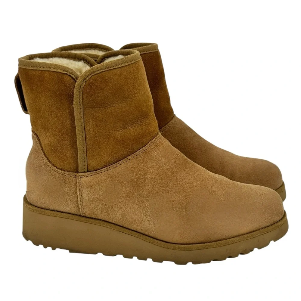 UGG Mini Suede Shearling Lined Wedge Classic Slim Boots Chestnut Size 7